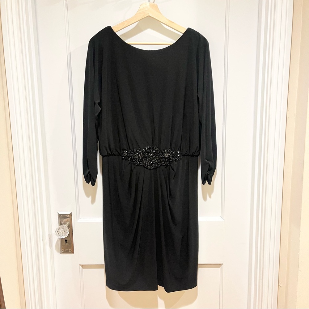 Alex Evenings Black Jersey Blouson Dress Rhinestone Embellishment 14